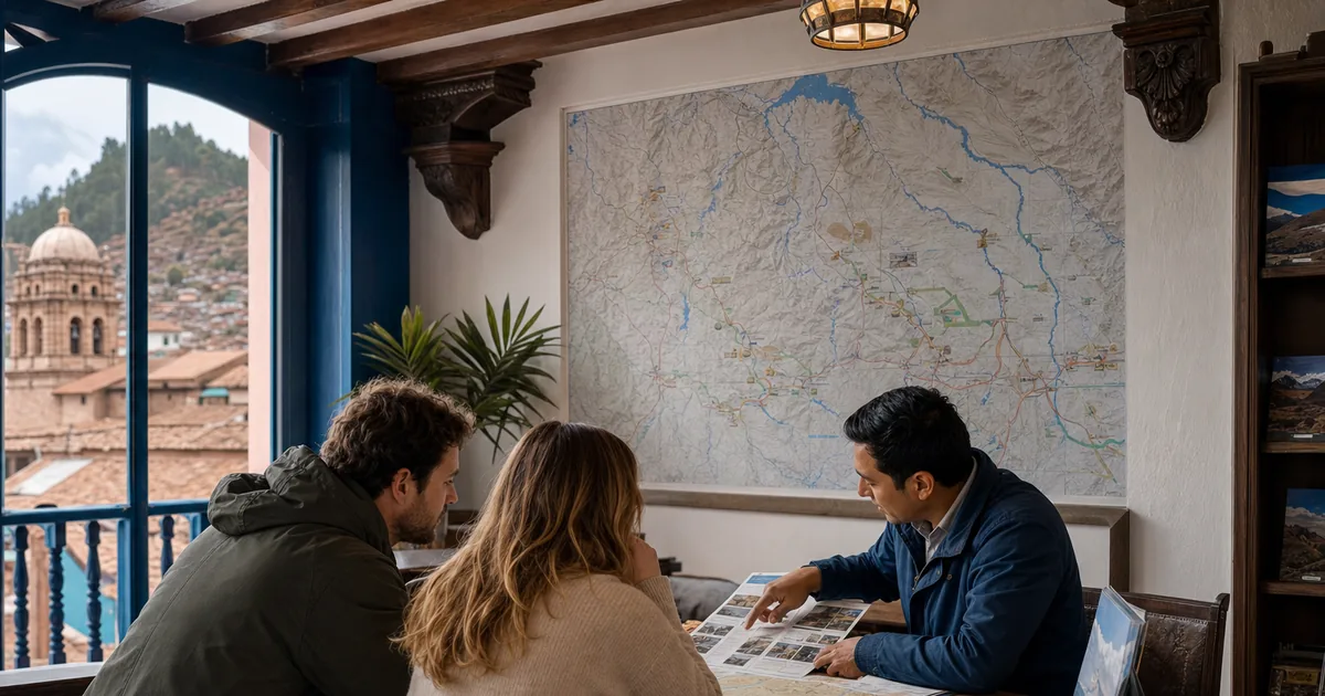 Viajeros revisando un mapa para organizar una experiencia en Cusco